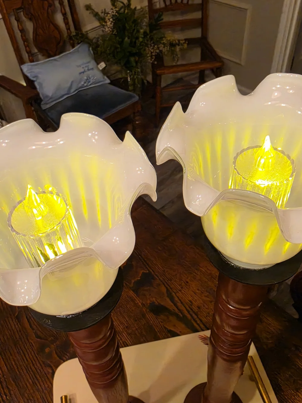 Vintage Wood candlestick holders glass tulip-shaped hurricane shade bobeches